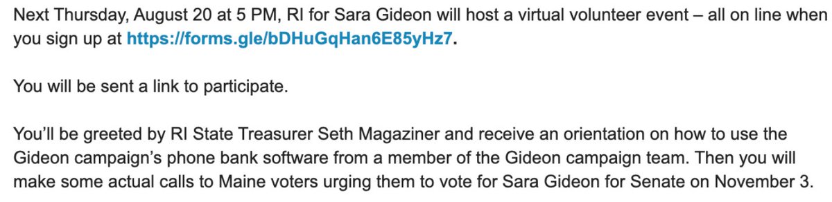 Tonight, a Rhode Island progressive group and an NYC progressive group are holding events calling Mainers to get them to vote for Sara Gideon.It’s a perfect snapshot of the out-of-state support Gideon is receiving from groups that are extremely far to the left.  #mepolitics
