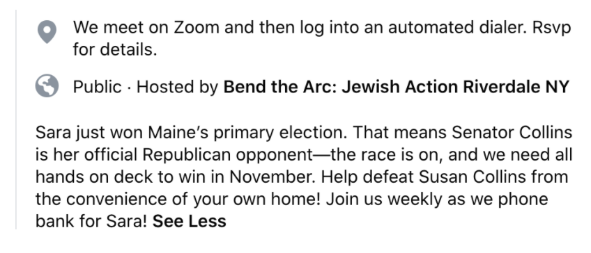 Tonight, a Rhode Island progressive group and an NYC progressive group are holding events calling Mainers to get them to vote for Sara Gideon.It’s a perfect snapshot of the out-of-state support Gideon is receiving from groups that are extremely far to the left.  #mepolitics