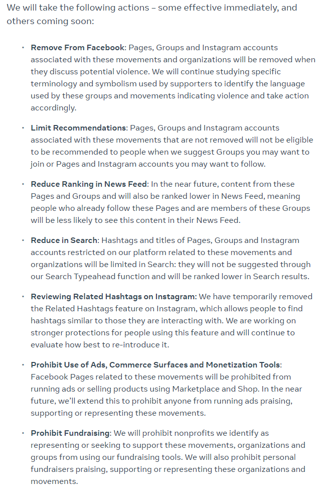 6/ Before I provide comparative number 24 hrs in, lets just highlight what actions Facebook is/will be taking. People need to keep in mind that this approach by Facebook is to make the platform as inhospitable as possible for QAnon et al. Vs. the single purpose ban hammer