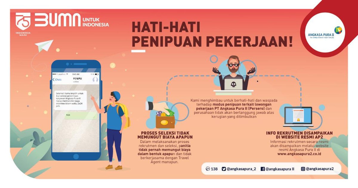 INJairports's tweet photo. Bagi #AP2friends yang sering mendapatkan informasi lowongan kerja di PT Angkasa Pura II (Persero), kamu dapat melihat informasi tersebut secara resmi melalui https://t.co/fH1XWWvbJv.

#HoaxLoker
#AngkasaPura2 https://t.co/Z8VN7zTqhM