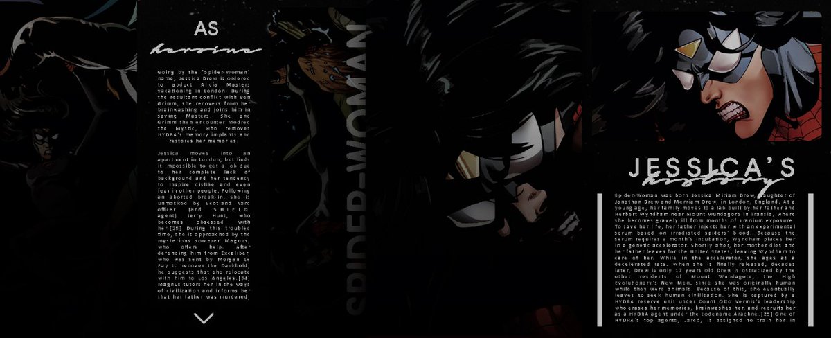 ‍ ‍ ‍ ‍ 
                   𝘀𝗽𝗶𝗱𝗲𝗿-𝘄𝗼𝗺𝗮𝗻 (noun) ⦂
                   woman with abilities 
                   of spiders (...) ╱╱
                   ** 𝐣𝐞𝐬𝐬𝐢𝐜𝐚 𝐝𝐫𝐞𝐰㇁❚ 
                   ❛ my origin story is more
                   scarrier than this.