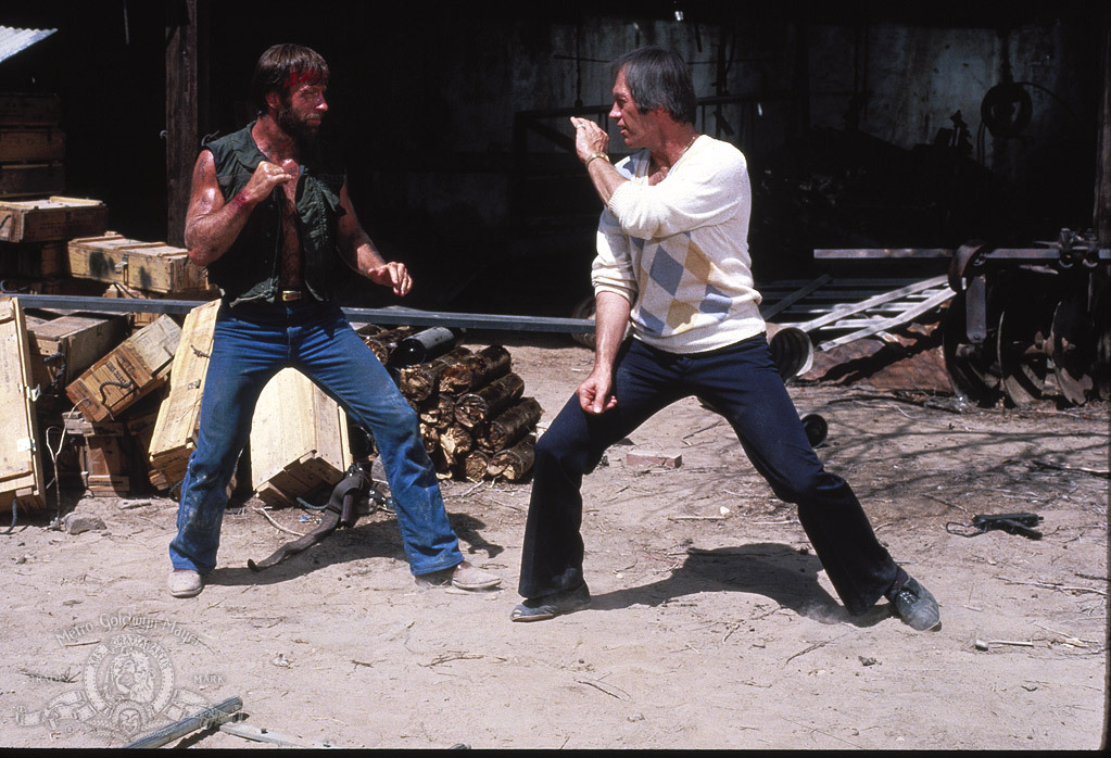 The "ultimate showdown" happens in a fictional Mexican hacienda. But it could be Fabens maybe? We get some hand-to-hand combat between Norris and Carradine. Lots of practical special FX. Good explosions. This was the era when movie grenades sent people soaring into the sky. /16/