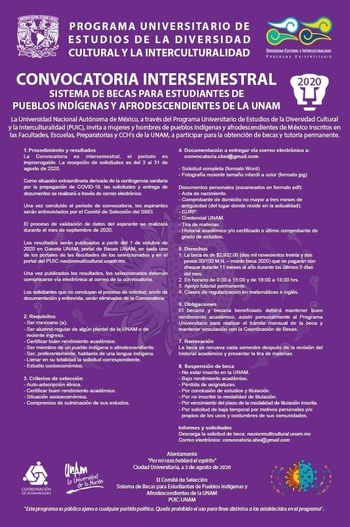 #QueNoSeTePase la Convocatoria Intersemestral para acceder al Sistema de Becas para Estudiantes Indígenas y Afrodescendientes de la <a href="/UNAM_MX/">UNAM</a>. Cierra el 31 de agosto de 2020. Para informes y dudas escribe al correo convocatoria.sbei@gmail.com
bit.ly/34ftVgt