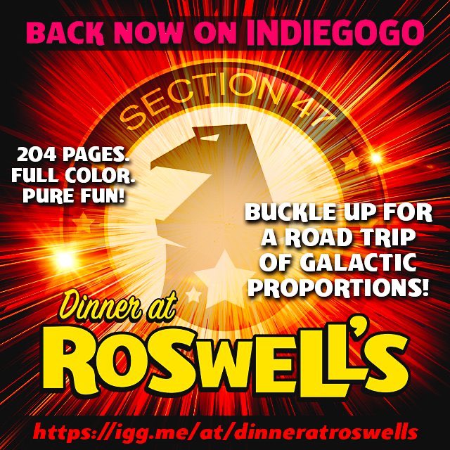 claysisk's tweet photo. The campaign needs YOUR help! Back DINNER AT ROSWELLโS now on INDIEGOGO 204 pages of full color adventure! Link in my bio. @indiegogo #comics #comicbooks #graphicnovels @hurlandgliding @DebbieBehrends https://t.co/ZICzAte5HJ