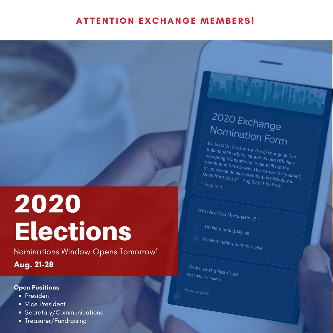 iulexchange's tweet image. Nominations window opens tomorrow, Aug. 21-28! 

2021-2022 Executive Leadership board positions (4 open): President, Vice President, Secretary/Communications, Treasurer/Fundraising

More details tomorrow. #BetheMovement #2020elections