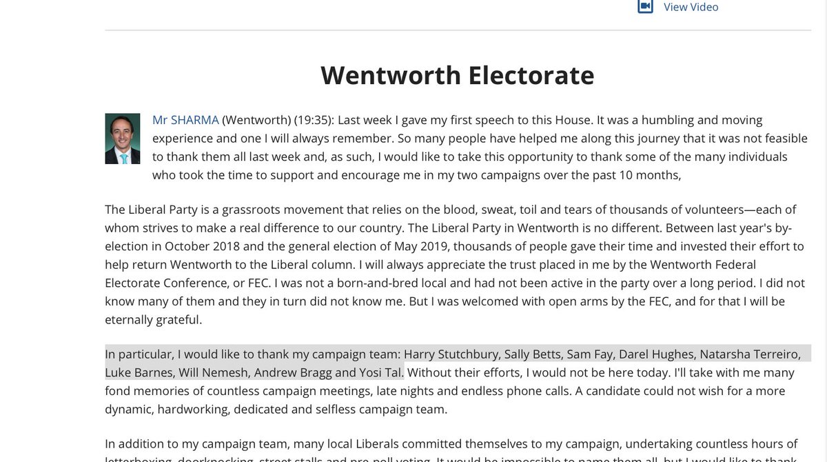 I couldn't help but notice that the principal of Churchill Advisory is Sam Fay.I couldn't help but notice that Dave Sharma mentions an Andrew Bragg and Sam Fay in his first speech to parliament as being on Diamond Dave's campaign team.Small world.