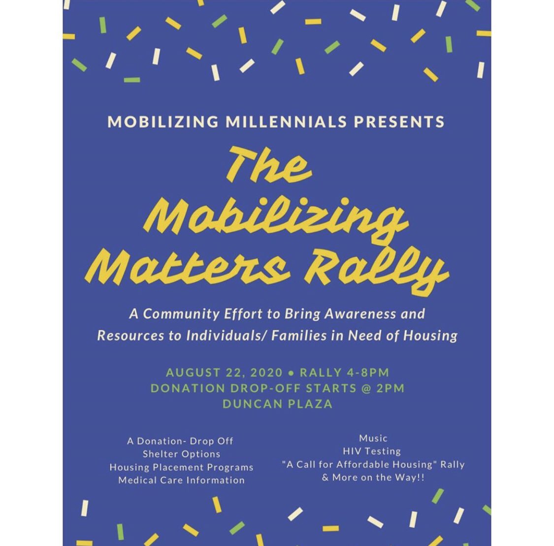 MobiMillennials's tweet photo. 🗣READY FOR SATURDAY⁉️
housing resources • HIV testing • donation drop off • music • PPE • sanitizer • snacks • water
#MobilizingMillennials #MobilizingMatters #MobilizingMattersRally #EndHouselessness #NewOrleans #HousingMatters #RegisterToVote #Vote #Equality #Equity https://t.co/kAM6fNd2WJ