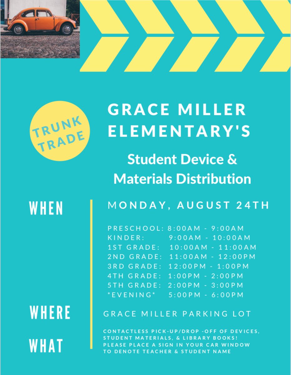 Grace Miller's device and student materials Trunk Trade! Monday, August 24th, from 8:00AM - 3:00PM. See flyer for your grade level's schedule. We look forward to seeing you then! #trunktrade #Roadrunners #BUSD