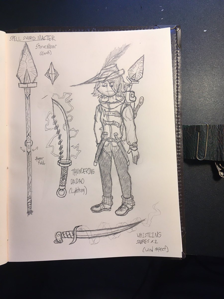 PETE72715292's tweet photo. Here’s a bit of a look into my sprite process: I always start with a sketch that gets the idea of the character across. I’m not the best at sketching, but I just like to visualize on paper before I start. 
———
#characterdesign #spear #dadao #sabre #sketch #feathercap https://t.co/QPEl61nCvD