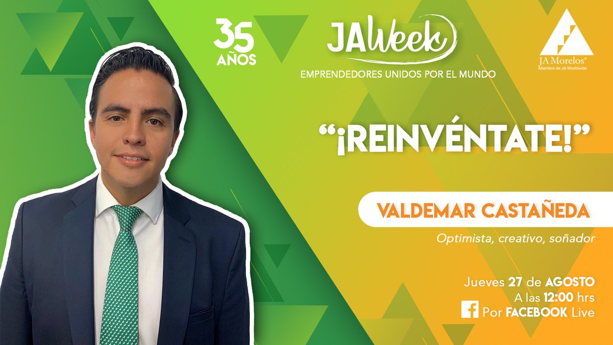 JA_Morelos's tweet photo. Valdemar es parte de los 35 Emprendedores invitados a la #JAweek para celebrar nuestro 35 aniversario, no te pierdas "¡Reinvéntate!" este jueves 27 de agosto a las 12:00 hrs. https://t.co/lkLFl37fCc