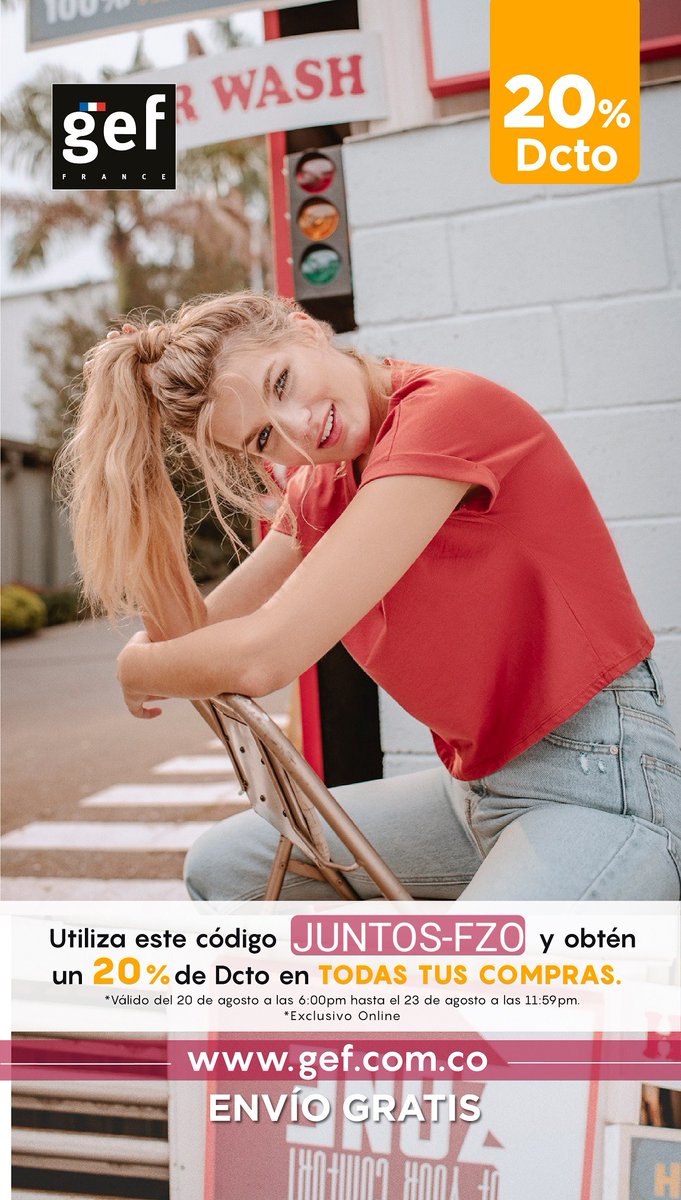 andresmev's tweet photo. BUENAS NOTICIAS, descuento del 20% en la marca GEF Colombia utilizando el código #JUNTOS-FZO en la página web
Link: https://t.co/n99rKDBMSq #teletrabajo #CuarentenaTotal #QuedateEnCasa #cuarentena #ColombiaCuidaColombia #20agosto #FelizJueves #CuarentenaExtendida https://t.co/PLLRFfR9bY