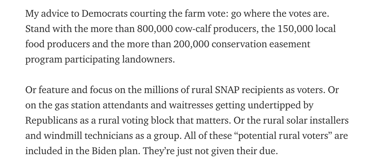 . @joebiden can win WAY more votes by adopting the  http://PeoplesAction.org/RuralAgenda&nbsp; (anti-trust, fair prices) instead of trying to coast on the bare bones plan he has out now (that benefits the biggest corporate factory farms by default).See  @OatesBryce analysis: https://medium.com/@RuralPolicyDiary/thoughts-about-the-biden-tom-vilsack-rural-plan-bff0db610069