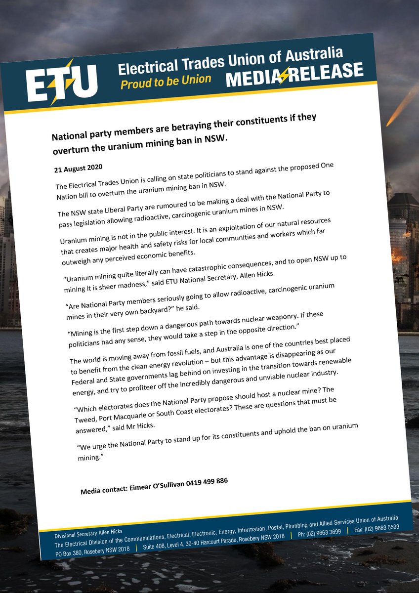 ETU_national's tweet image. MEDIA RELEASE: @NSWNationals Party members are betraying their constituents if they overturn the uranium mining ban in NSW.
Please share urgently if you don't support a uranium mine in your area.

@NSW_ETU @AusConservation @unionsaustralia @nuclearban @aus_politics