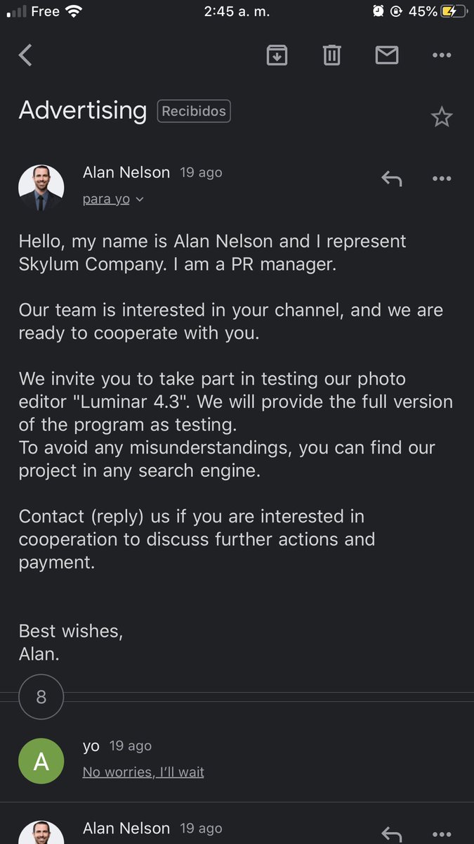 ChasseurDeTulip's tweet photo. Bonsoir :(

Ma chaîne @YouTube avec @TitouXTv a été piraté. 

Un mail circule au nom de @SkylumSoftware proposant de promouvoir Luminar. 
L’application envoyé n’est autre qu’un TROJAN. 

Merci de RT pour que personne d’autre ne tombe dans le piège.

@YouTube aidez moi svp... https://t.co/8oXtVqlNox