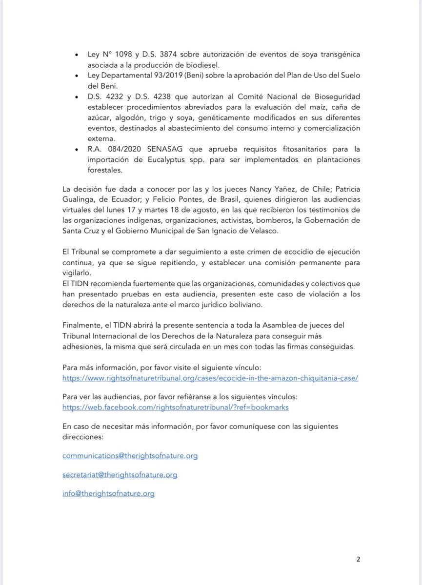 Nota de prensa oficial del Tribunal Internacional de los Derechos de la Naturaleza (International Rights of Nature Tribunal):
“El TIDN resuelve que los incendios del 2019 fueron un Ecocidio ocasionado por la política de Estado y el agronegocio.”
#AbrogacionPaqueteIncendiarioYA