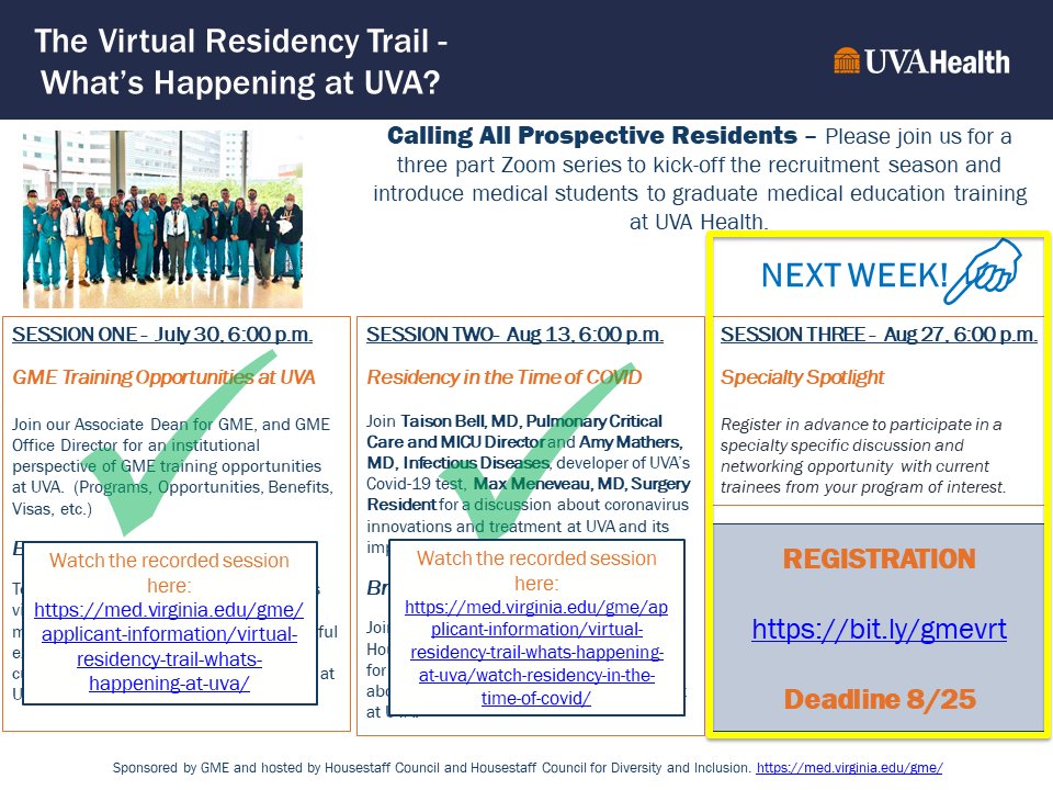 Time is running out to register for our GME Specialty Spotlight. Sign up by Tuesday 8/25 to secure your spot in a resident-run, specialty-specific Q&A session! bit.ly/gmevrt #residency #match2021 #medstudenttwitter