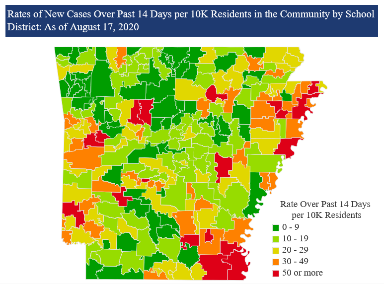 ACHI_Net's tweet photo. Today we released trend information on new cases in Arkansas's public school districts in addition to updating our community-level data. View our dashboard here: https://t.co/3BYh0dgZqR #coronavirus #arpx #arnews https://t.co/hnbK3bvLjU