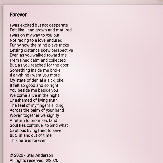Star_Anderson01's tweet photo. "Forever"
© 2020 - Star Anderson
All rights reserved ®2020
#forever #soulties #inandoutoftime
#promisedland #woven #starart #starverses #clevelandpoetry #blackstorytellers #supportart #Iidentifyasapoet #publishedpoet #lifepoem #lovepoem #poet #poetry #poems #poem #mayaangelou https://t.co/hJQzIswiAm