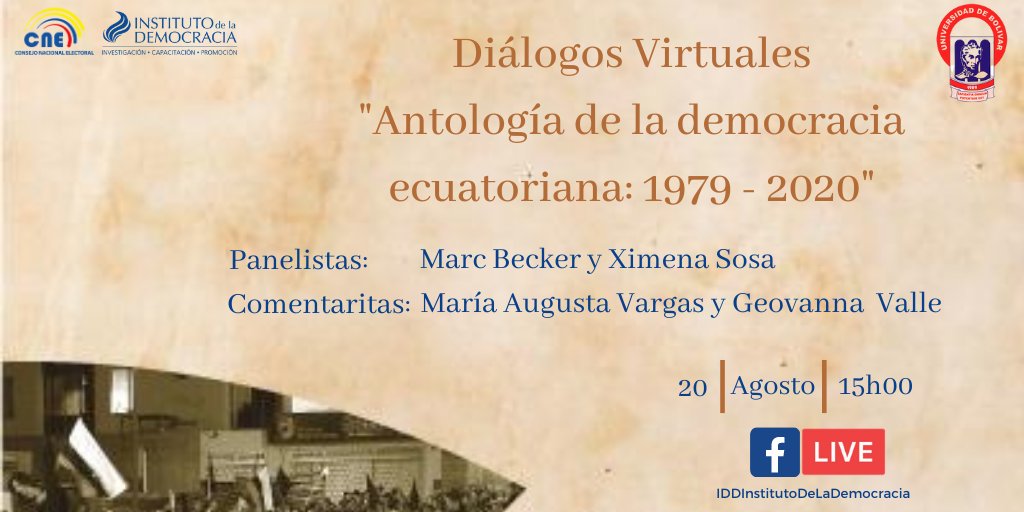 IDDemocracia's tweet photo. Se inicia nuestro #FacebookLive de #DiálogosAntologíaDemocracia, foro en coordinación con la @UniversidadB, con #MarcBecker y #XimenaSosa como panelistas. https://t.co/7lr4qFQWcp https://t.co/W2BCEKqBH9