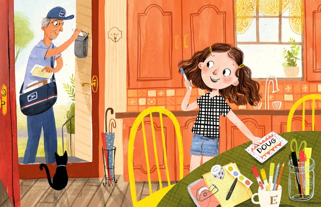 They introduced us to an amazing illustrator named Jaclyn Sinquett. She started sketching before there was even a book.As Emerson tells it, “Jaclyn included everything that makes me special from my curly hair to my roll of stamps to my jar of markers!"