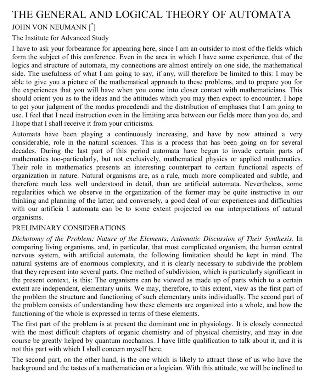 Collective computation: Complexity can arise from simple interactions among components but does it happen this way in nature—complexity at the microscale suggests not (tinyurl.com/s5t6kw6). The origins of this view lie in model systems like cellular automata yet von Neumann