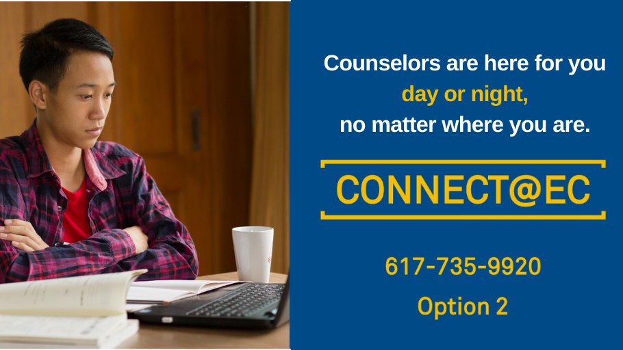 Introducing a new mental health support for EC students! 
Licensed counselors are available 24/7/365 via Connect@EC 
📞Dial 617-735-9920 and select Option 2