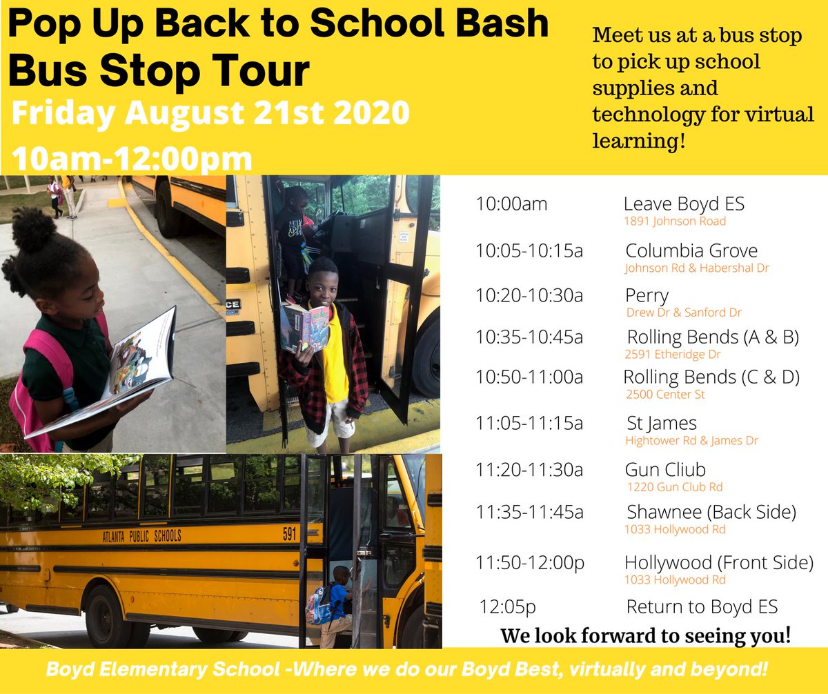 Dr. Joi C Kilpatrick (@drjoikilpatrick) on Twitter photo Couldn't join our school bash? Meet us at a bus stop! We will deliver information packets and technology to student bus stops tomorrow Friday 8/21 from 10a-12p! We can't wait to see you there! <a href="/apsupdate/">ATL Public Schools</a> <a href="/DrLisaHerring/">Dr. Lisa N. Herring</a> <a href="/DrEmilyAMassey/">DrEmilyAbramsMassey</a> @APSBoydES @ADouglas_BoydAP Couldn't join our school bash? Meet us at a bus stop! We will deliver information packets and technology to student bus stops tomorrow Friday 8/21 from 10a-12p! We can't wait to see you there! <a href="/apsupdate/">ATL Public Schools</a> <a href="/DrLisaHerring/">Dr. Lisa N. Herring</a> <a href="/DrEmilyAMassey/">DrEmilyAbramsMassey</a> @APSBoydES @ADouglas_BoydAP
