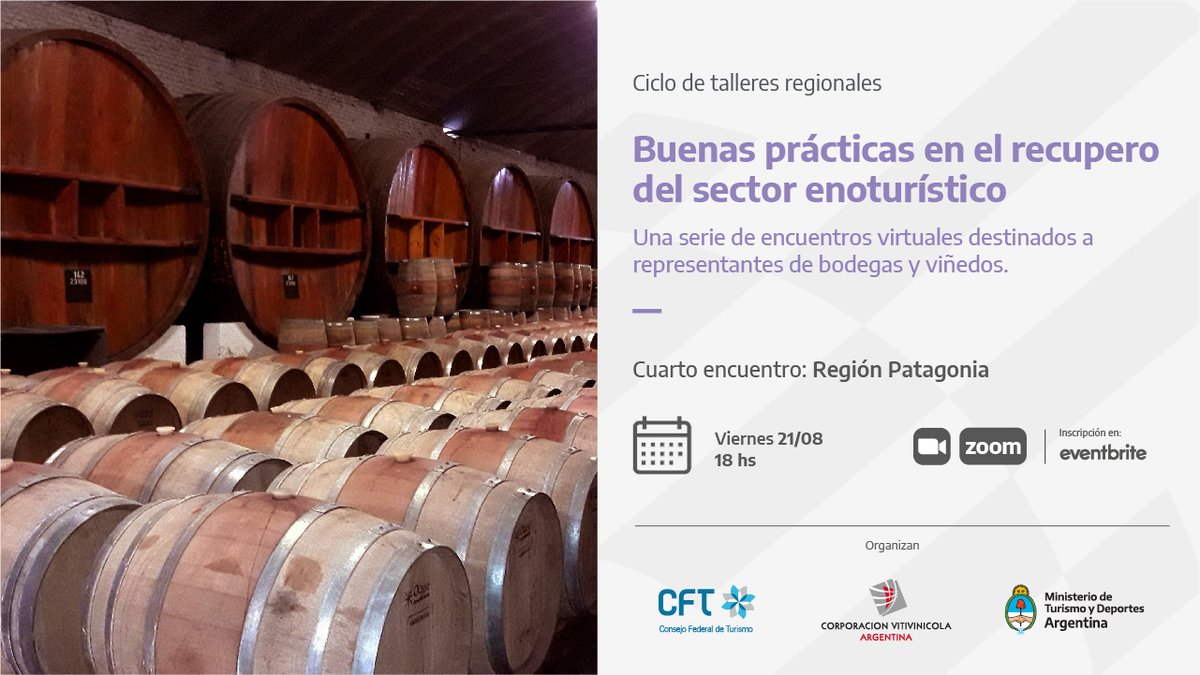 OscarBustos2012's tweet photo. Taller para BODEGAS de la región PATAGONIA - Viernes 21/08 - 18hs
Evento organizado por @TurDepAR con la colaboración de @CFTurismo @COVIAR1

Solo con inscripción previa - CUPOS LIMITADOS
https://t.co/wGwSzPBVtw

#enoturismo 
#vino 
#Turismo 
#calidad 
#Bodegas
#Argentina https://t.co/c6sFZeeazK