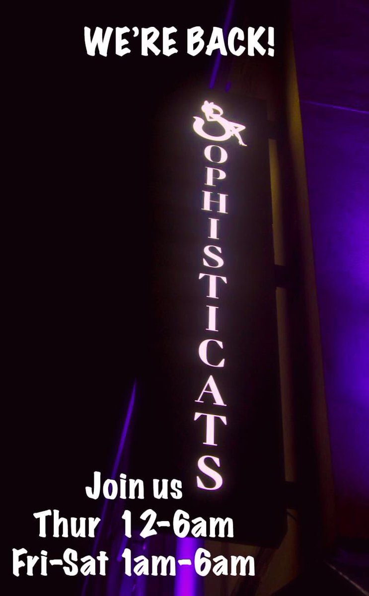 Late Night Drinks anyone?😃🎊
Sophisticats opens Thursdays Fridays &amp; Saturdays now join us for late night drinks and a vibrant relaxing atmosphere no nude entertainment will be provided further government updates tonight we open from 12am - 6am 
And Fridays / Saturdays 1am - 6am