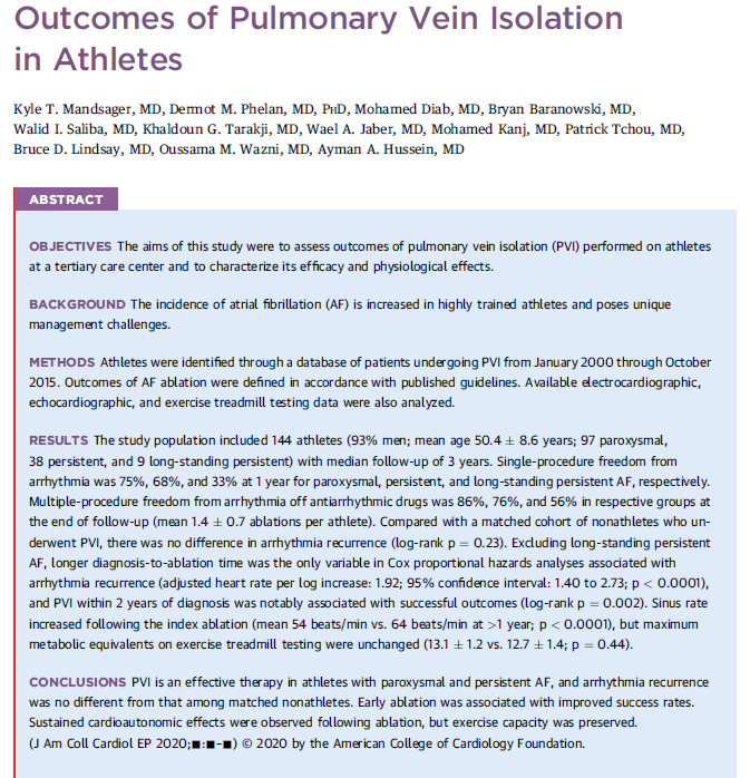 DermotPhelanMD's tweet photo. Challenge of how to manage athletes with #afib remains. Happy to have worked with my former fellow, now superstar EP, @KyleMandsager on this paper from @ClevelandClinic  looking at outcomes of PVI in athletes. @SportsCardio @eugenechung01 @theSHVI https://t.co/ahk0shCjVz