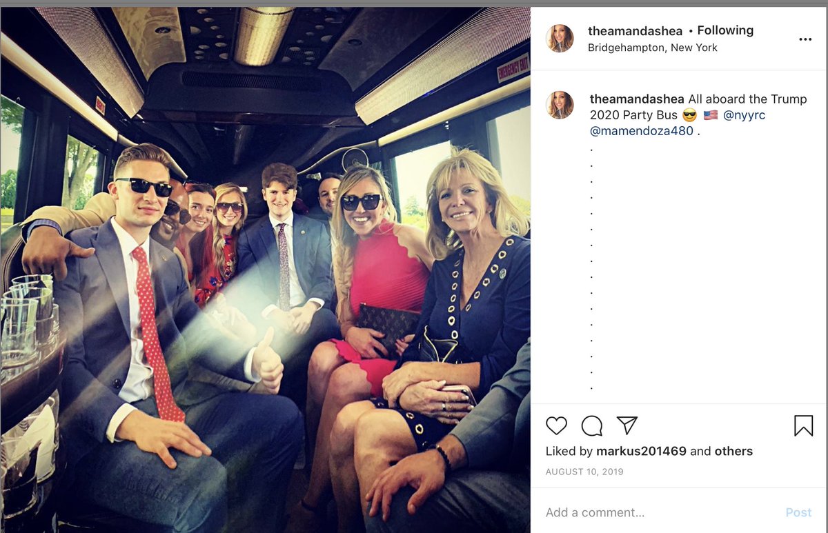 Here she is with  @realDonaldTrump who says he had no idea about what Bannon and others did for the wall and she’s on a Trump bus headed to Bridgehampton Trump event in 2019.3/