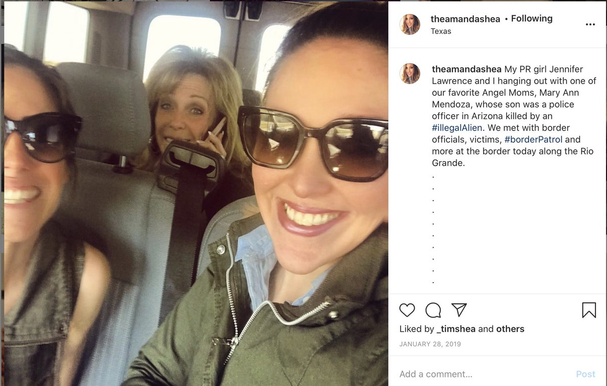 In January, 2019, she was in Anzalduas at the Bridge with her “girls” touting another event to Build The Wall and 2 days earlier, she was in TX with her girl Jennifer Lawrence and Mary Ann Mendoza6/