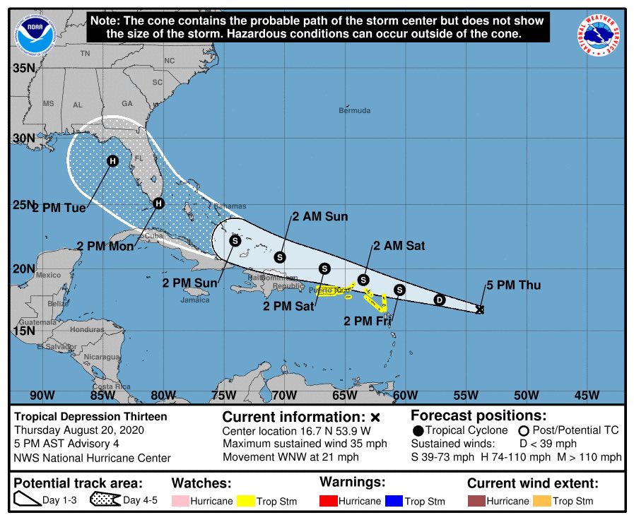 VIGILANCIA de tormenta tropical para #PuertoRico y #USVI Detalles en breve de la Depresión Tropical 13 #td13