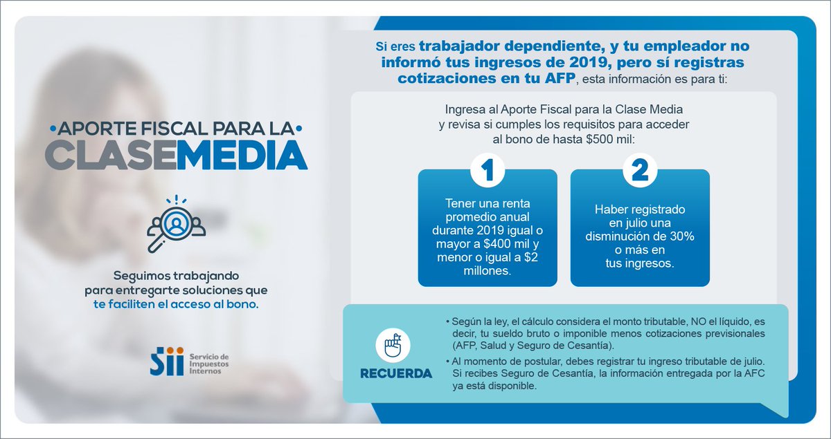 SII_Chile's tweet photo. [APORTE FISCAL A LA CLASE MEDIA]:🧑‍💼🧑‍🔧
Si eres trabajador dependiente, tu empleador no informó tus ingresos 2019 y registras cotizaciones en AFP, revisa esta información 👇 https://t.co/TyUwmbiYSa