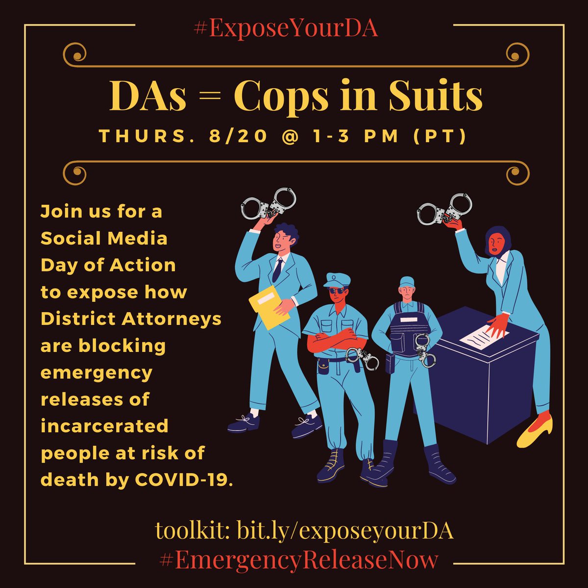  #ExposeYourDA for blocking emergency releases for people incarcerated during this public health crisis! Action happening now:  http://bit.ly/exposeyourDA 