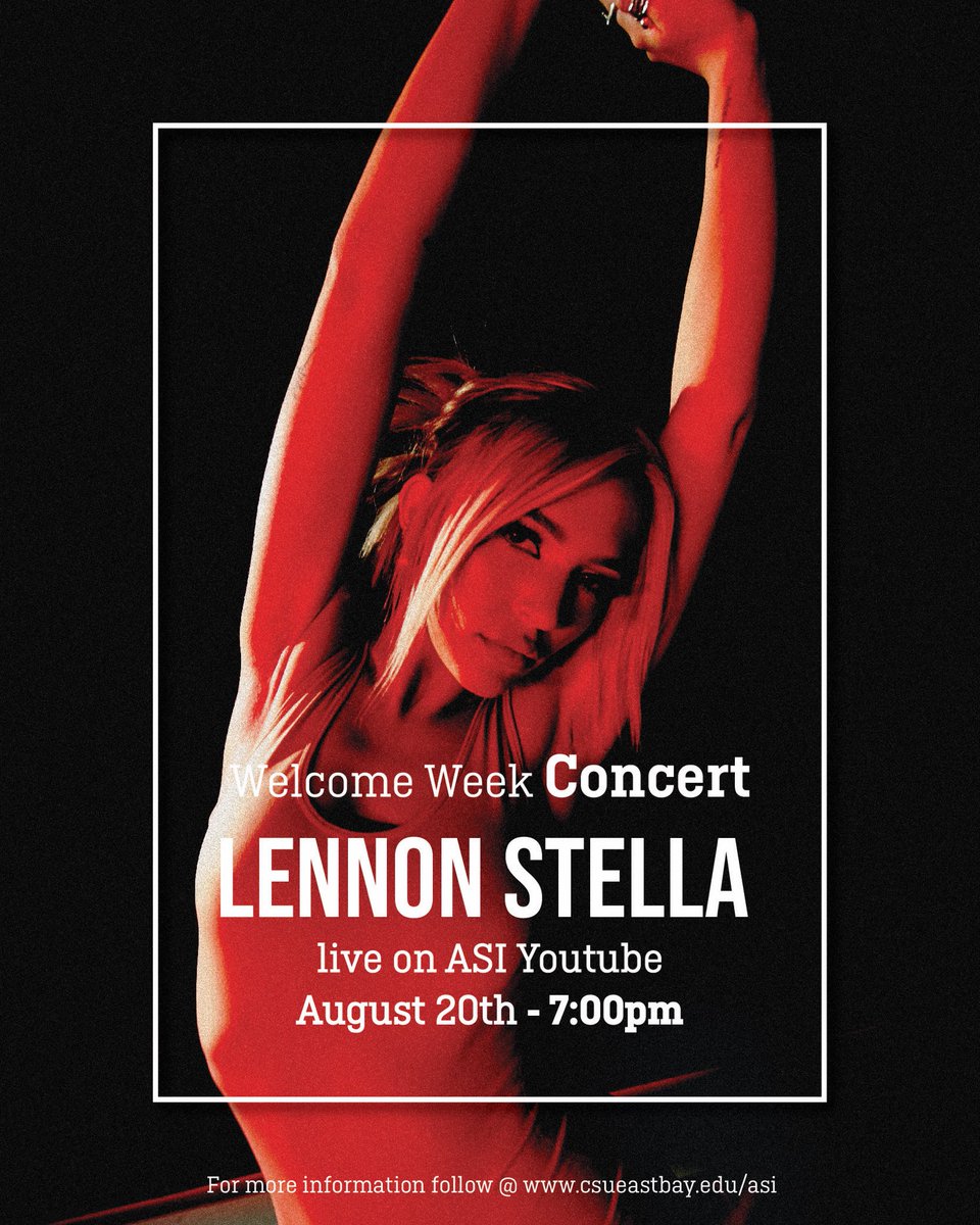 CSUEBASI's tweet photo. @lennonstella is going to be headlining our Virtual Welcome Week Concert today at 7pm! ๐ฑ๐ Are yโall excited as excited as we are to kick off this school year?!
#csueb #csuebasi #fallsemester
.
Link: https://t.co/Ydi0nN3g2x https://t.co/k7qCvP8iKC