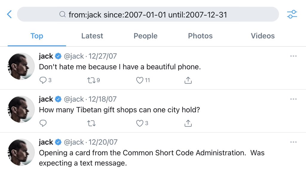 Do a retro search by using “since:[yyyy]-[mm]-[dd]” and “until:[yyyy]-[mm]-[dd]”. Here’s a look at Twitter circa 2007. Simpler times.