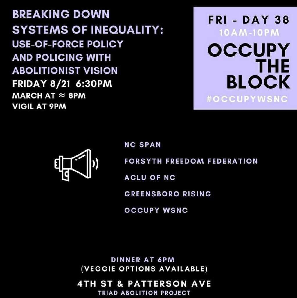 ForsythFreedom's tweet photo. Join us tomorrow for day 38 of #OccupyWSNC ✊ Thanks for hosting us @TriadAbolition
📍See you tomorrow at 6:30 PM in Bailey Park!
#OccupyTheBlock #BlackLivesMatter #WSNC #FFF #ForsythFreedomFederation https://t.co/CWvUV8Ly8I
