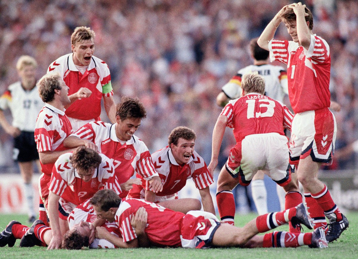 Denmark win Euro 92:Denmark only qualified for Euro 1992 on a technicality after Yugoslavia were disqualified over warfare in their country. Despite this, they went on to stun Europe and win the entire competition after defeating France, Netherlands and Germany.