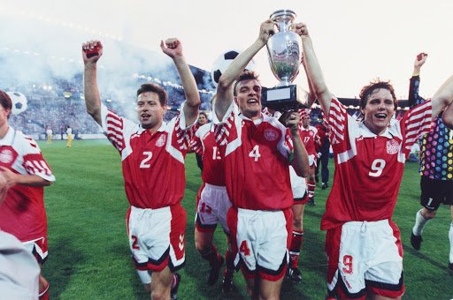 Denmark win Euro 92:Denmark only qualified for Euro 1992 on a technicality after Yugoslavia were disqualified over warfare in their country. Despite this, they went on to stun Europe and win the entire competition after defeating France, Netherlands and Germany.