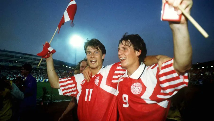 Denmark win Euro 92:Denmark only qualified for Euro 1992 on a technicality after Yugoslavia were disqualified over warfare in their country. Despite this, they went on to stun Europe and win the entire competition after defeating France, Netherlands and Germany.