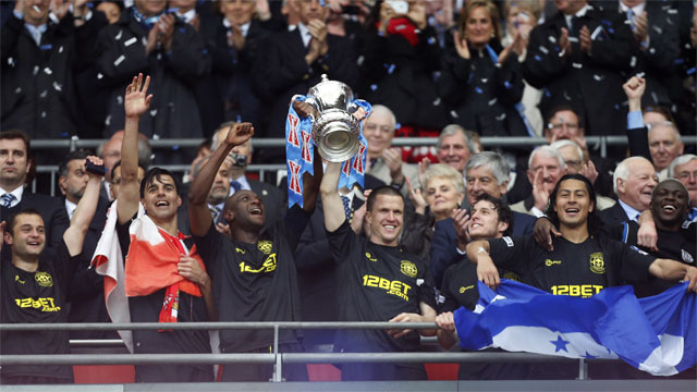 Wigan score a dramatic last minute winner to steal the 2013 FA Cup final away from Manchester City. Wigan were relegated from the Premier League the same season.