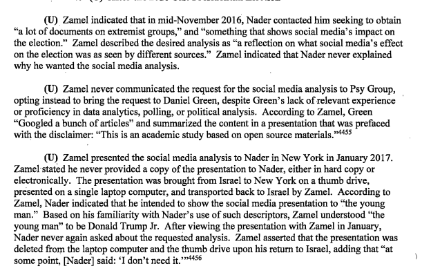 NOTE/ Here's the SSCI-Report description of the preposterous "dummy" operation Zamel executed for Nader for *$2 million dollars*—*immediately* after the election—which had the effect of hiding that Zamel (as he confessed to Nader) had done the "3-prong" op for the Trump campaign.