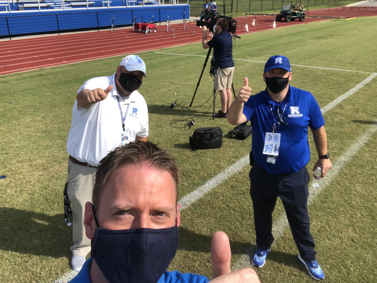 ChrisHarrisWSMV's tweet photo. Let’s play some football!
Out here for @Rockvale_FB season opener against LaVergne.
Safety precautions in full effect.
Everyone masked up.
20% capacity in the stands.
Blue dots in the sidelines 6-ft apart for players.
Administration here has done a great job! @Bill_Hock 
@WSMV https://t.co/UUjtmNKWyv