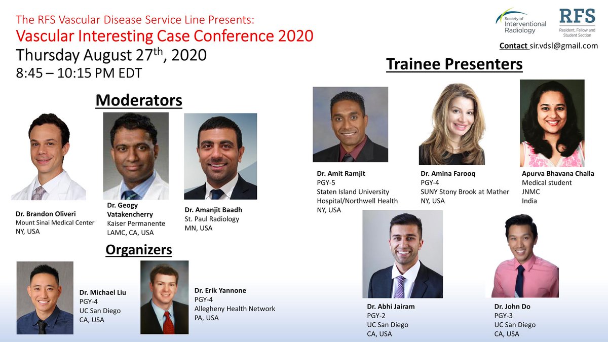 SIR RFS (@sirrfs) on Twitter photo Hey #radres - come join the RFS for an upcoming virtual resident "Vascular Interesting Case Conference" on 8/27/20 at 8:45 pm EST! The session will be moderated by <a href="/BOlivieriMD/">Brandon Olivieri</a>, Dr. Baadh, and Dr. Vatakencherry!
Sign up link: attendee.gotowebinar.com/register/61189… Hey #radres - come join the RFS for an upcoming virtual resident "Vascular Interesting Case Conference" on 8/27/20 at 8:45 pm EST! The session will be moderated by <a href="/BOlivieriMD/">Brandon Olivieri</a>, Dr. Baadh, and Dr. Vatakencherry!
Sign up link: attendee.gotowebinar.com/register/61189…