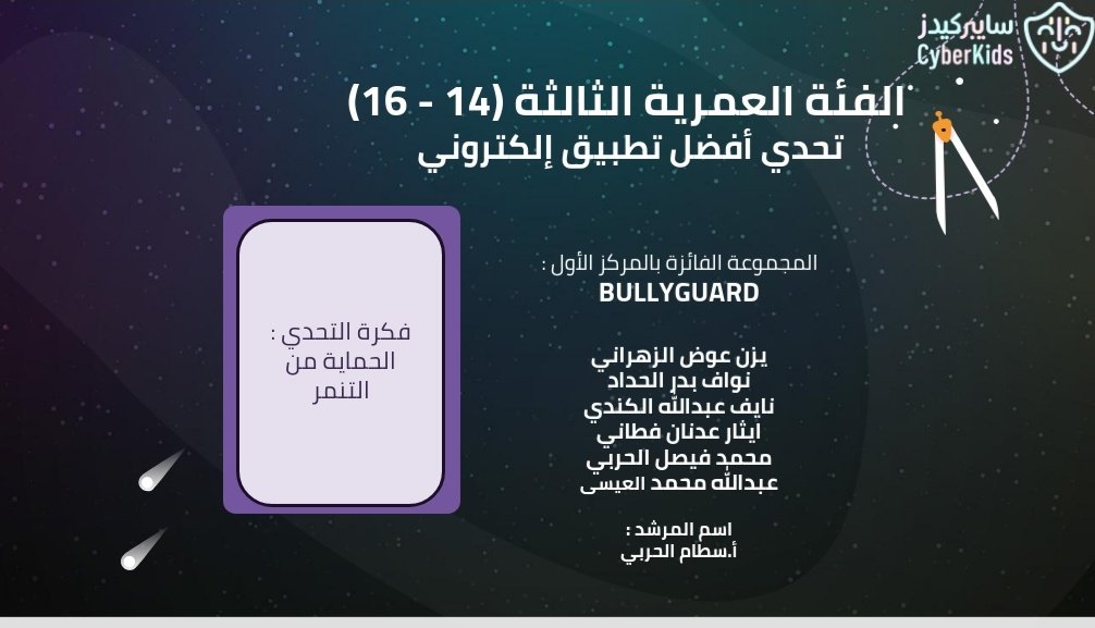 CyberKidsOrg's tweet photo. 🎈الفائزين بالمركز الأول من الفئة العمرية( ١٤ الى  ١٦ سنة )
هي مجموعة Bullyguard😍 
الف مبروك فوزكم بجهاز لوحي مقدم من شركه هواوي @Huawei__KSA https://t.co/zLKhY1581G