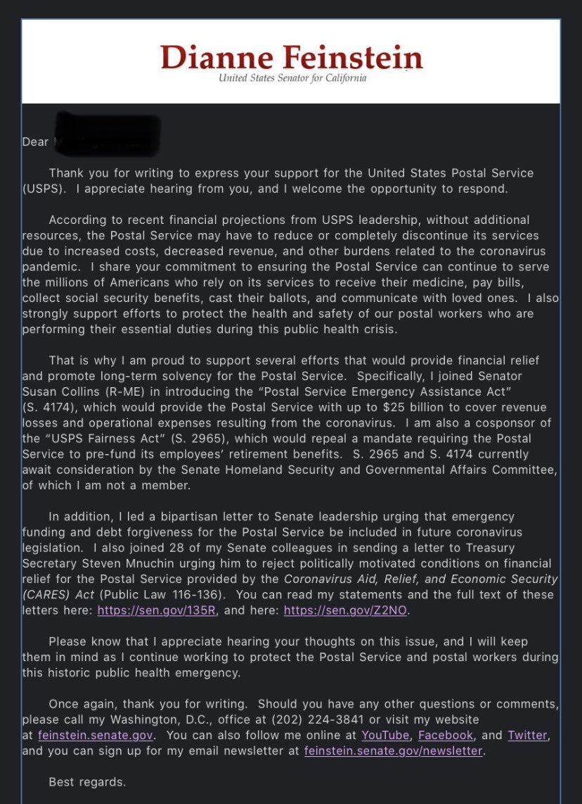 Keep writing to your senators and reps about USPS! I got an email back at from my senator in California and this is what she said. Calling is better but sometimes the inboxes for voicemails are full so emailing is another way!  #SaveTheUSPS  #usps