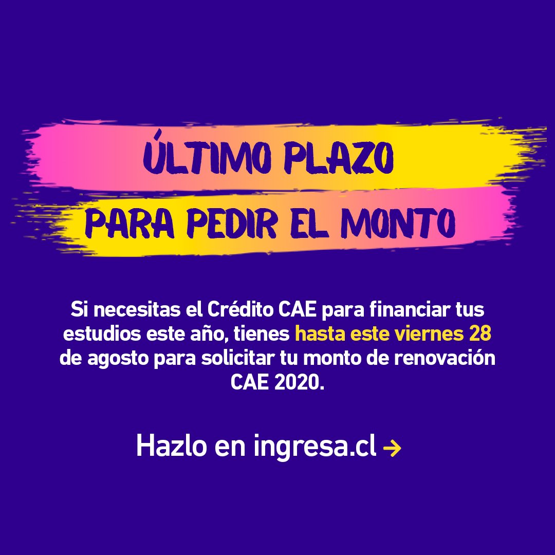 SantoTomasLS's tweet photo. Enunciado sugerido.
¡Últimos días para renovar tu CAE! Si aún no has solicitado el financiamiento para 2020, tienes plazo hasta este viernes 28 de agosto para informar el monto requerido en https://t.co/1hSD0qQJs6 https://t.co/BS1l65ZHcg