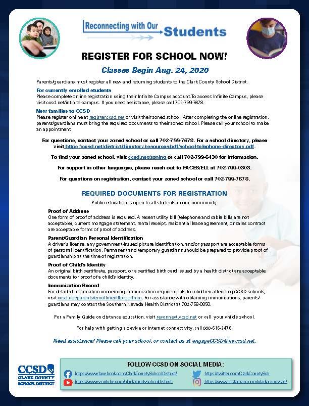 ClarkCountySch's tweet photo. REGISTER FOR SCHOOL NOW! Classes Begin Aug. 24, 2020. Parents/guardians must register all new and returning students to the Clark County School District. https://t.co/Vmd8OGS44t