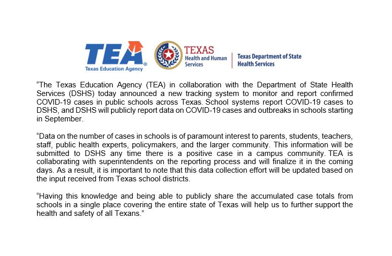 teainfo's tweet photo. Joint Statement from TEA and @TexasDSHS on Creation of COVID-19 Data Tracking System for Texas Public Schools #txed https://t.co/WWCXv4maaZ